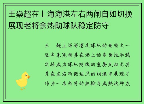 王燊超在上海海港左右两闸自如切换展现老将余热助球队稳定防守